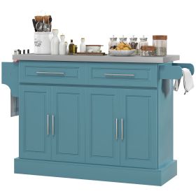 HOMCOM Narrow Kitchen Island, Mobile Island Cart with Hiding Wheels, 2 Drowers, Spice Rack Towel, for Home, Dinning Room, Teal Blue