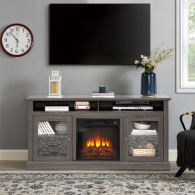 Retro TV Stand for 65'' TV, TV Console Cabinet with Storage, Open Shelves Entertainment Center for Living Room and Bedroom (Color: Black + Dark Walnut, With Fireplace Insert: Yes)